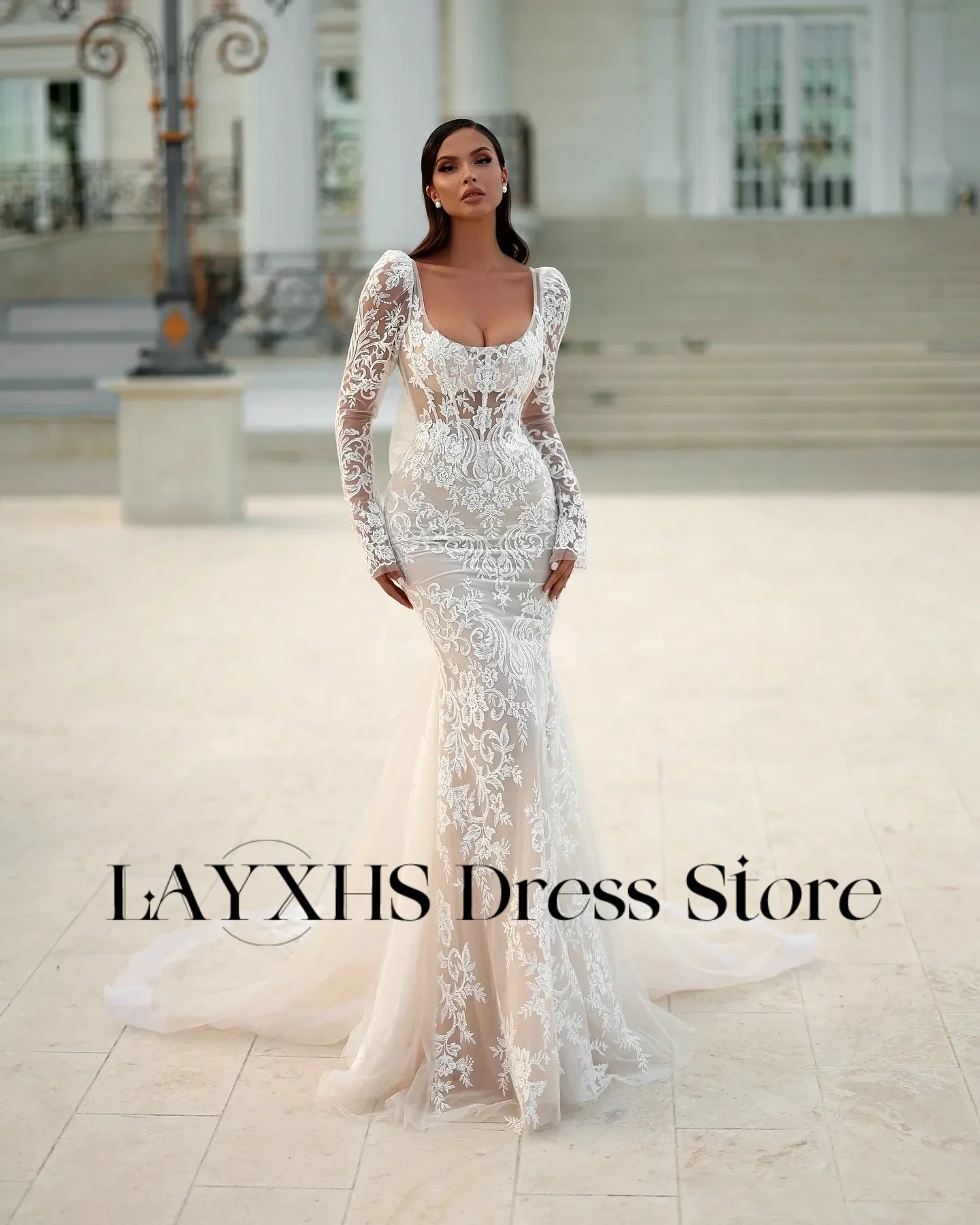 

LAYXHS Vintage Square Neck Wedding Dresses Lace Long Sleeves Mermaid Backless Bow Bridal Gowns Customized vestidos de novia