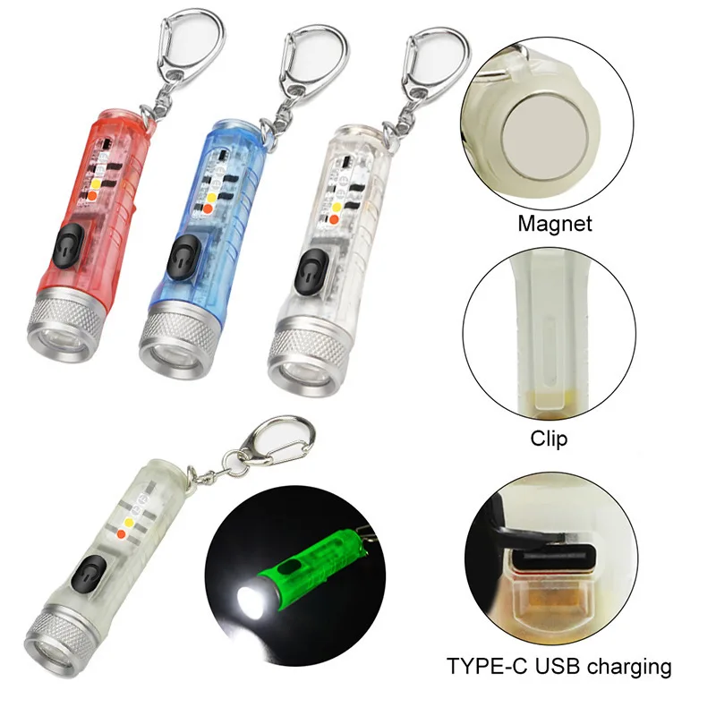 Mini Keychain LED Flashlight Multi-function Camping Flash Torch TYPE-C Fast Charging IP66 Waterproof Fluorescent Magnetic Warnin