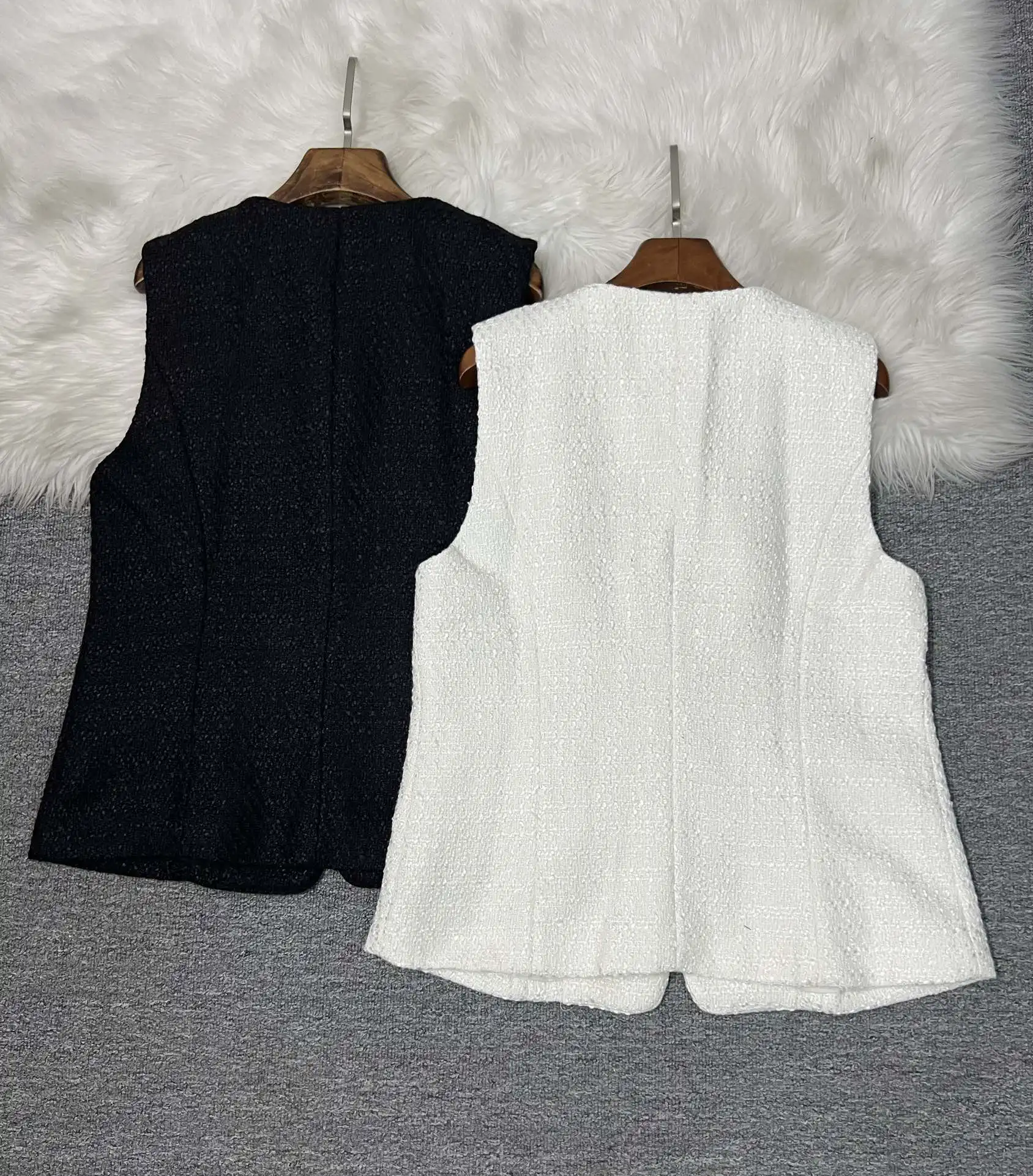 ZJYT Autumn Winter Fashion Women Tweed Woolen Vest Jacket Sleeveless White Tops Elegant Lady Single Breasted Vest Coats Female