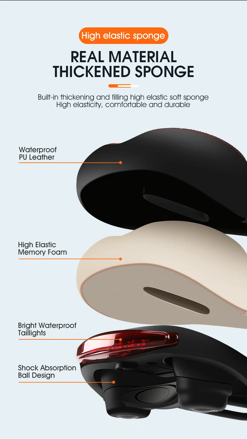 WEST BIKING Bicycle Saddle with Taillight Breathable Shock Absorption Waterproof PU Leather Bike Seat Cushion for MTB Road Bike