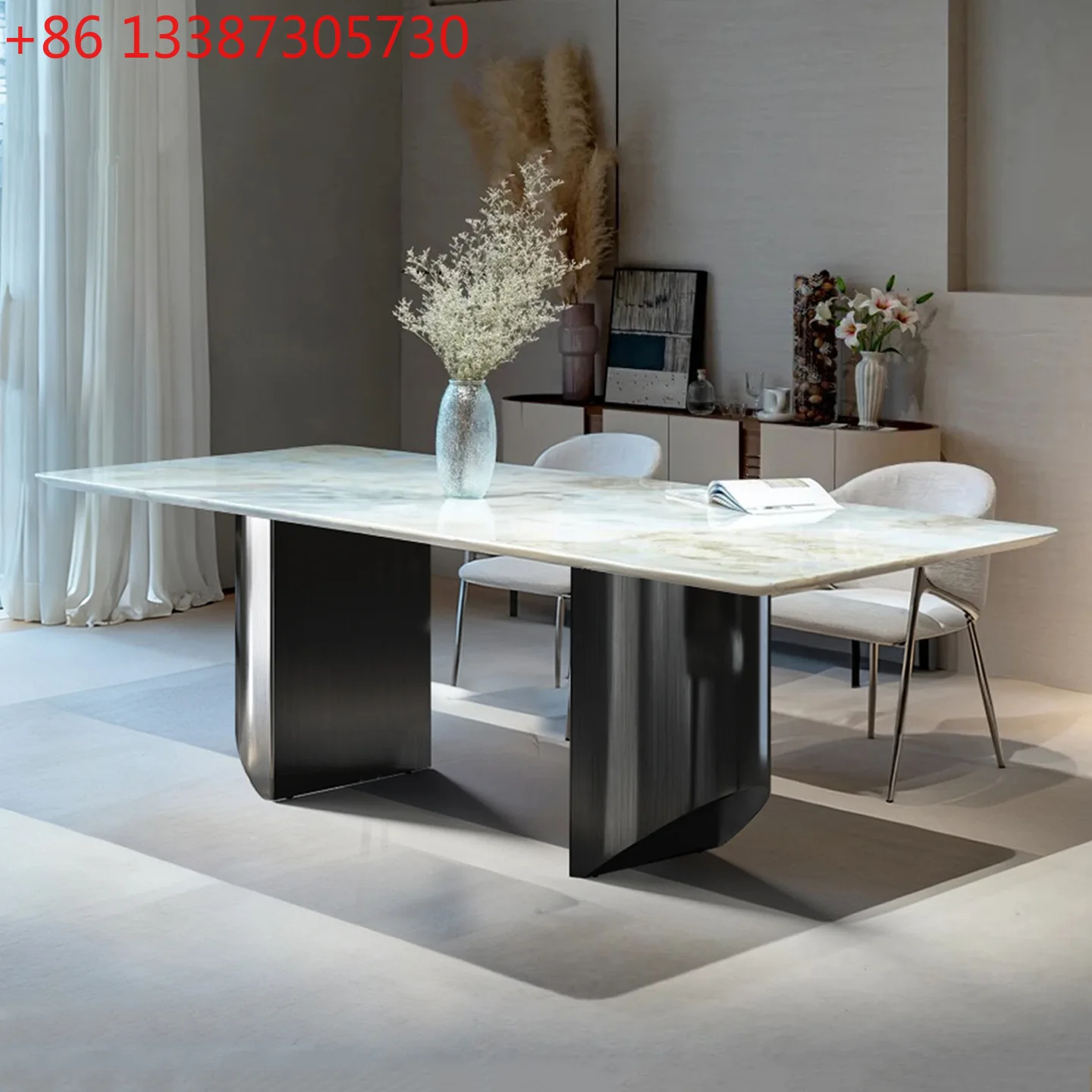 Natural blue luxury stone dining table rectangular modern simple living room household luxury stone dining table