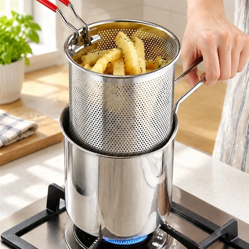 Home Kitchen Deep Fryer with Oil Strainer and Basket, Stainless Steel Compact Design Perfect for Crispy Fries and Chicken Wings
