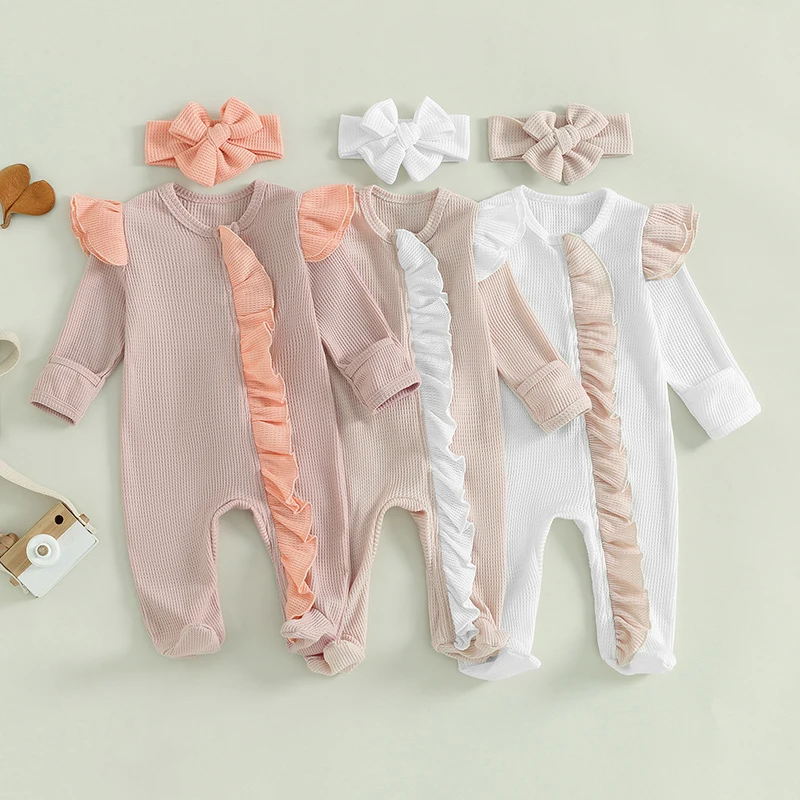 Newborn Baby Girls Rompers Outfit Long Sleeve Crew Neck Frills Zipped Contrast Color Footies Jumpsuits and Headband Fall Clothes