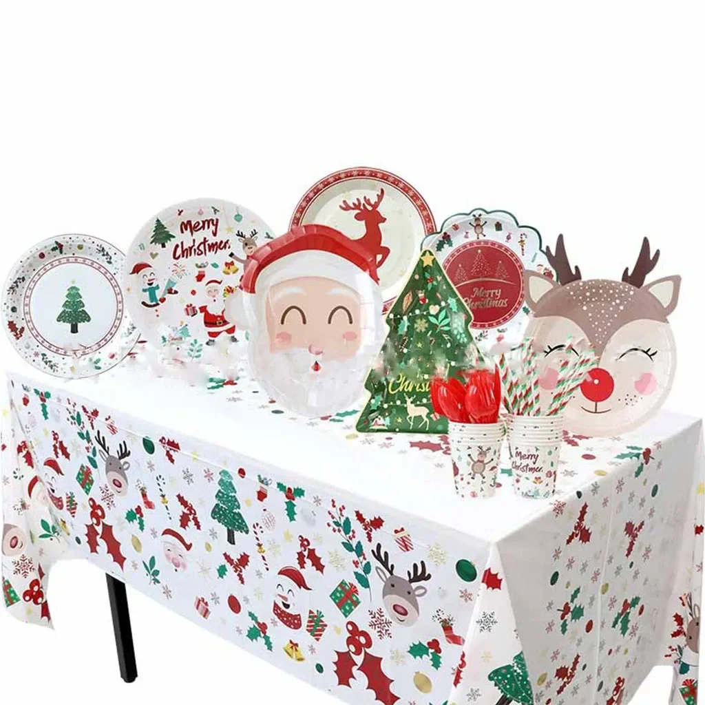 10Guests Christmas Disposable Tableware Cartoon Santa Claus Elk Xmas Tree Shaped Paper Tray Merry Christmas Happy New Year 2025