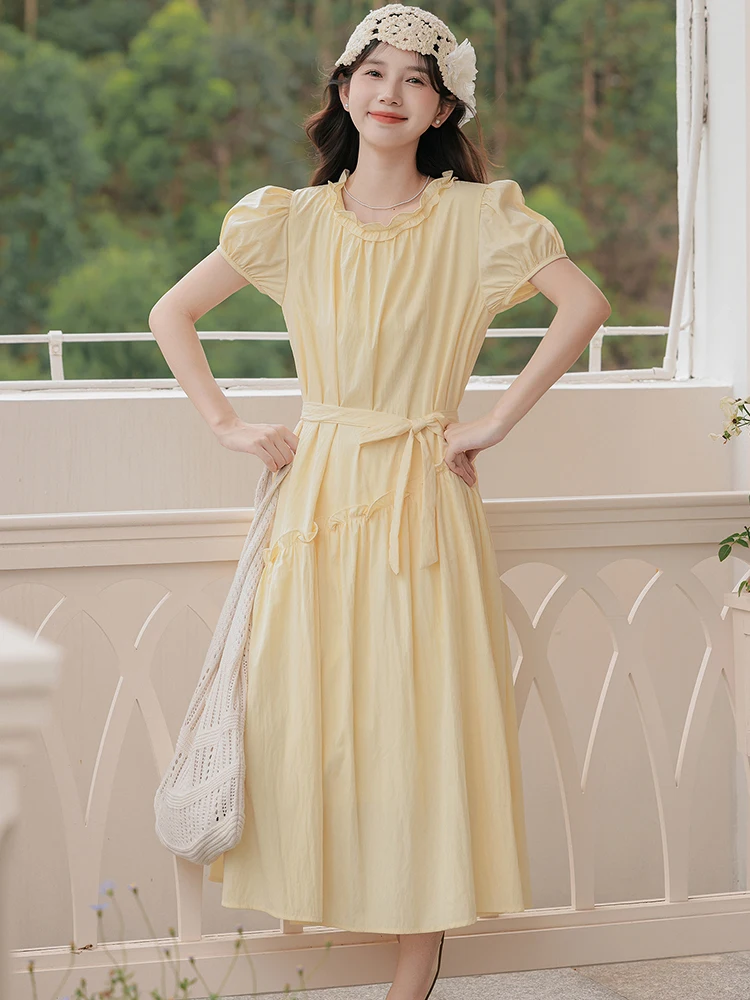 

2025 Solid Puff Sleeve Ruffled Chic Bow Bandage Long Dress Women Elegant Casual Home Dress Summer Korean Bodycon Festival Dress
