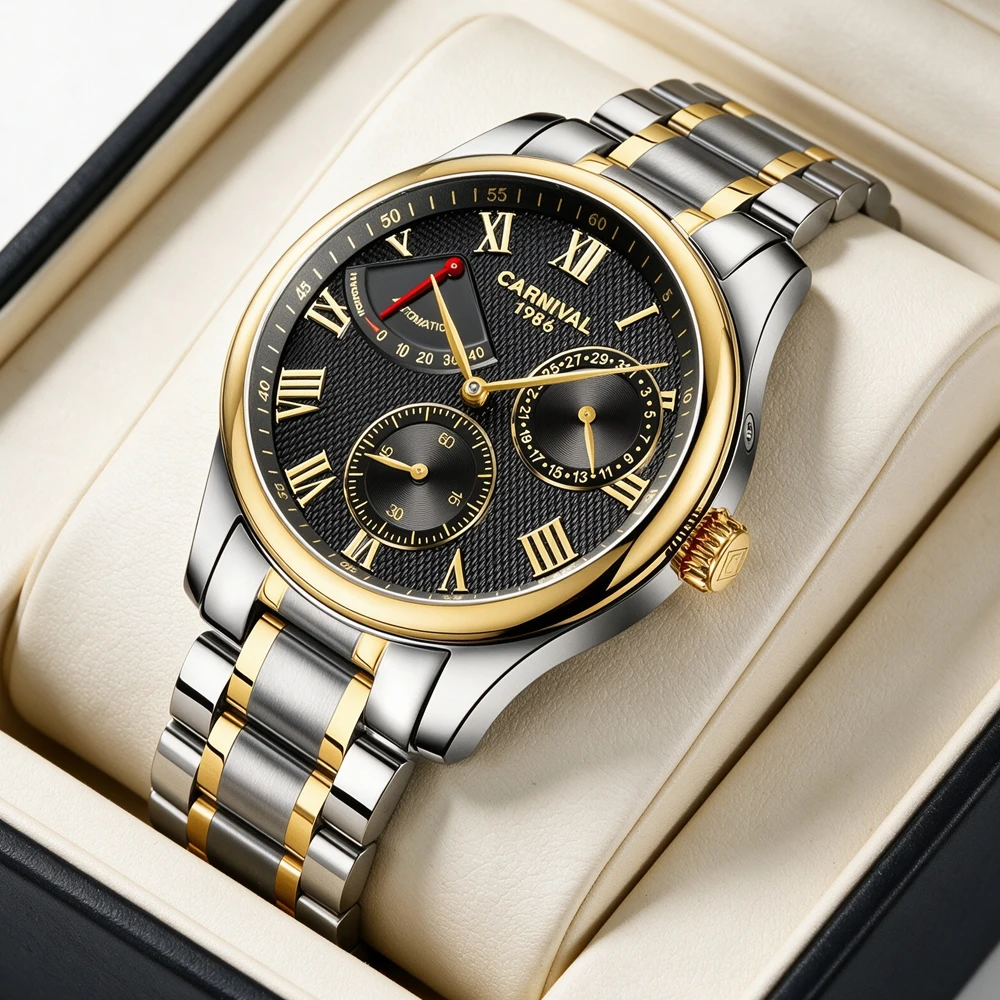 CARNIVAL Automatic Mechanical Watch for Men Power Reserve Calendar Roman Dial Steel Band Waterproof Business Wrist Watch