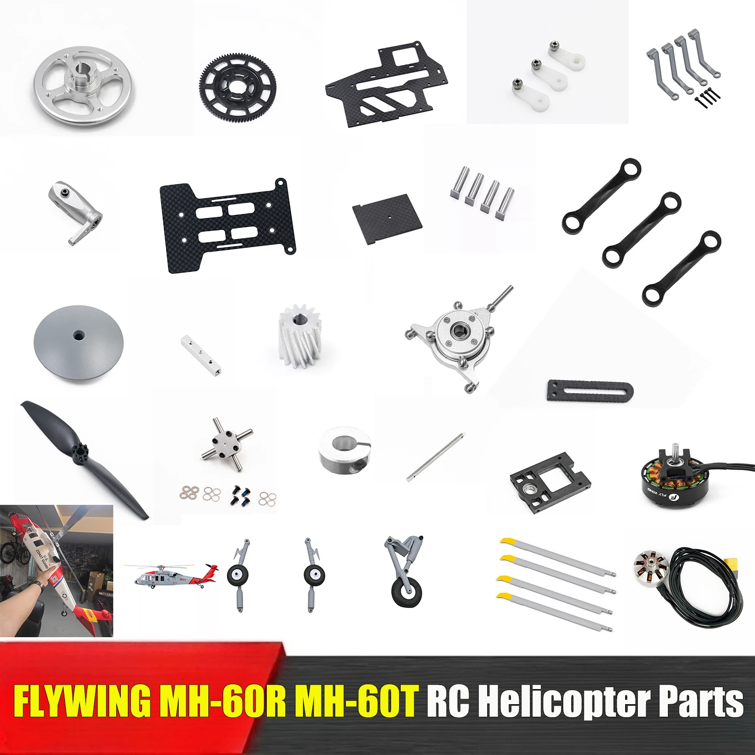 FLYWING MH-60R MH-60T RC Helicopter Parts Motor Landing Gear Pull Rod Servo Arm Side Plate Blade Main Shaft Flight Control Board