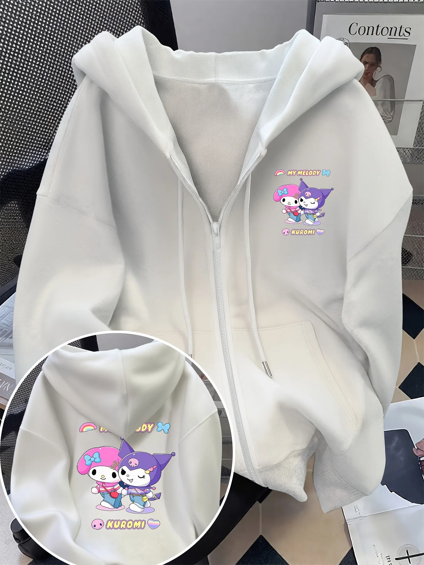 Ladies' Hello Kitty and Kuromi hooded sweatshirt with Hello and Kuromi print, soft pullover, machine washable winter sweater