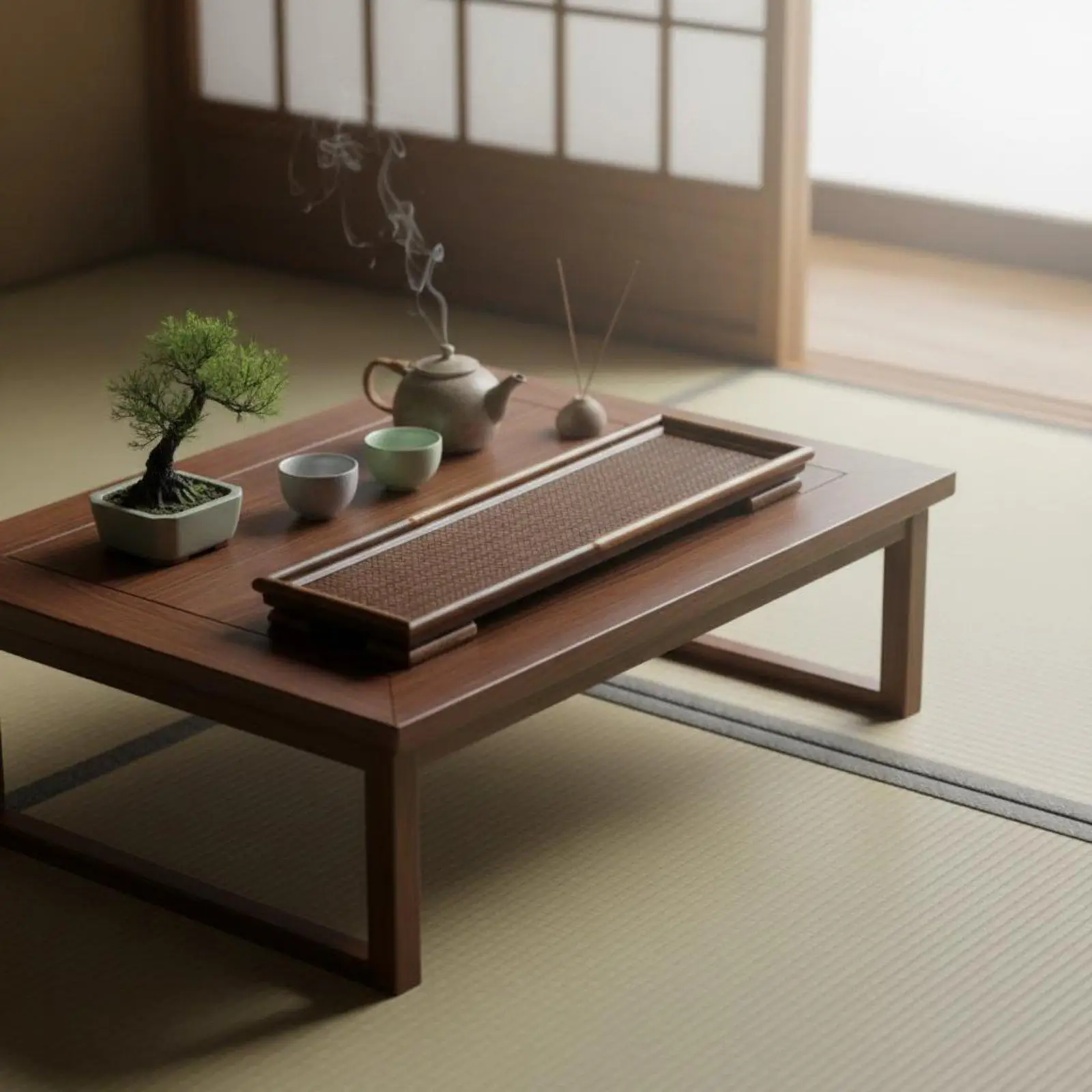 Natural Bamboo Serving Tray for Tea Ceremony with Retro Weave Pattern Design