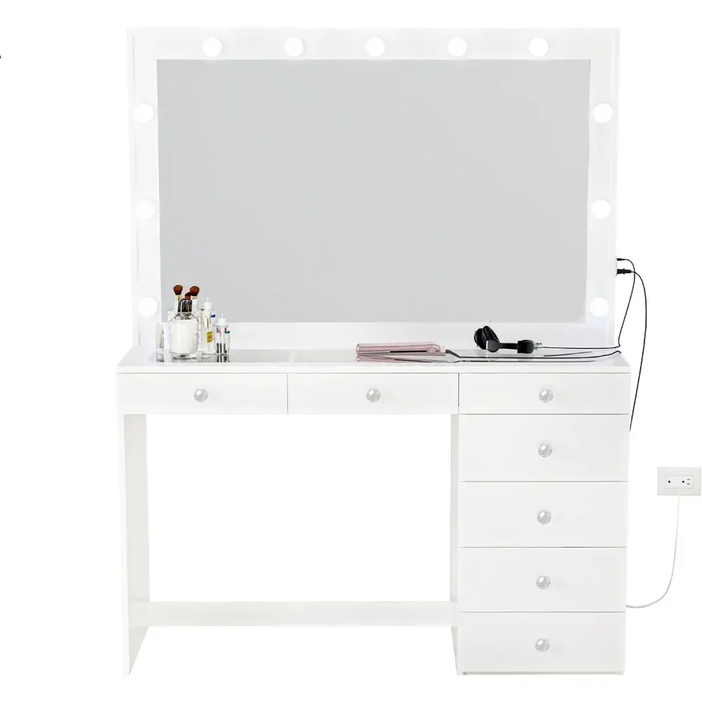 

Makeup Table, Built-in Light, 7 Drawers, Mirror, White Dressing Table in Bedroom, Crystal Ball Knobs，58.2'' H