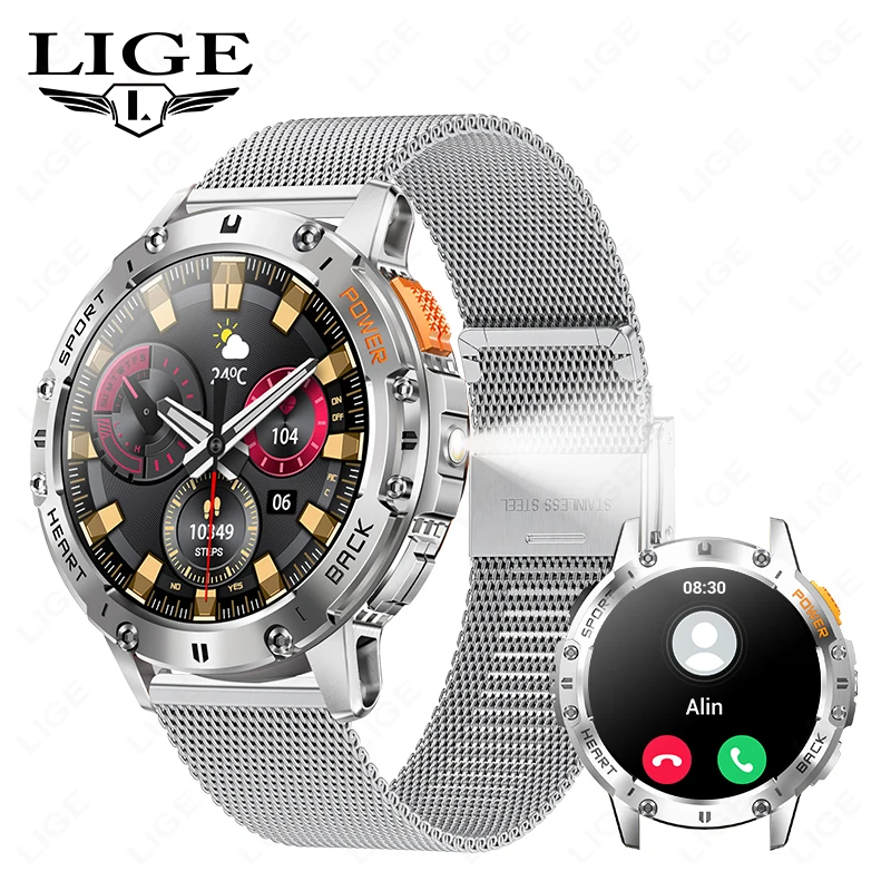 LIGE 530mah Large Battery Ourdoor Smartwatch Men BT Call Sports Fitness Bracelet With Flashlight Waterproof AMOLED Smart Watches