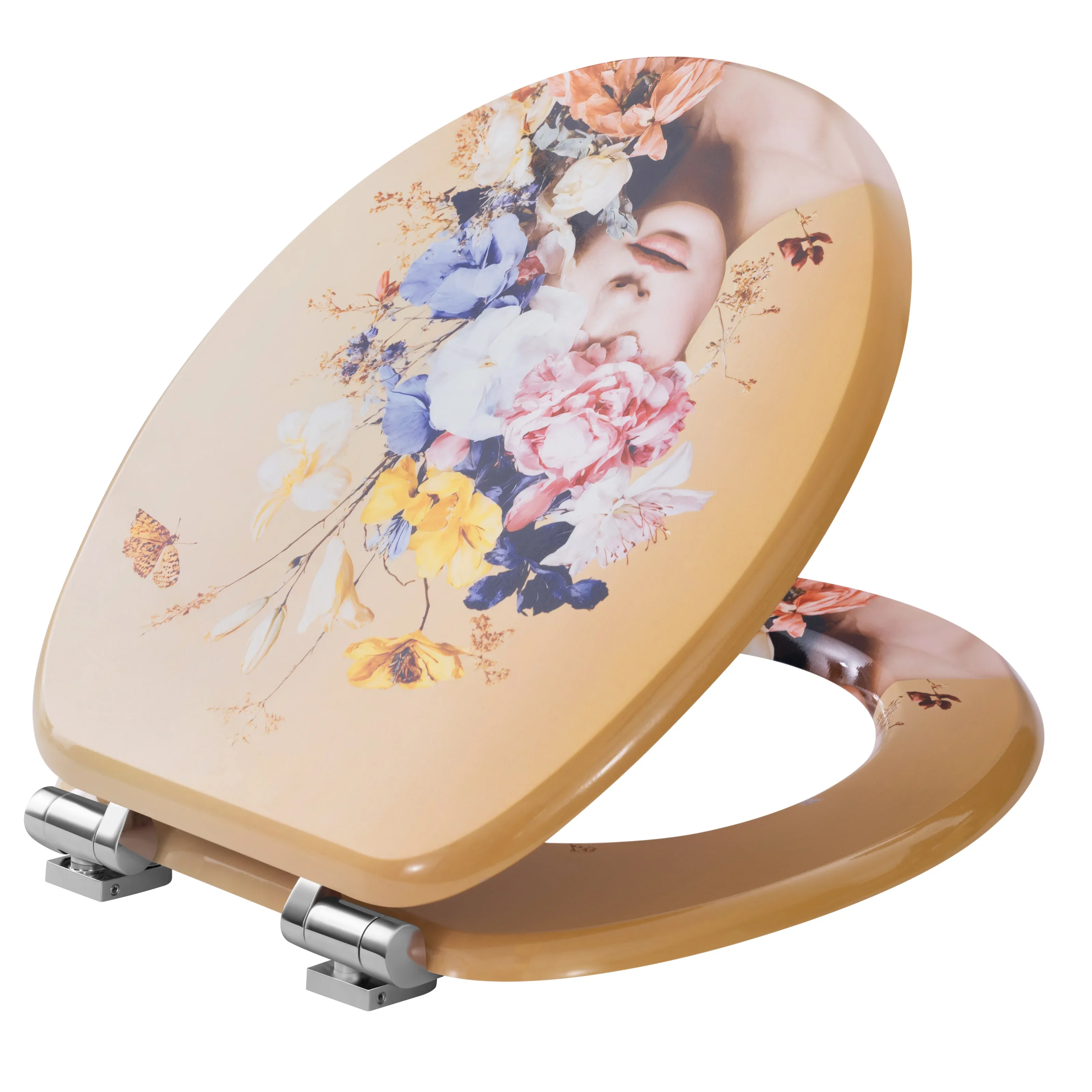 WOLTU O-förmiger ovaler Toilettendeckel aus Holz, weich geschlossener Toilettensitz, Schnellverschluss, bedruckte Dekoration für Badezimmer