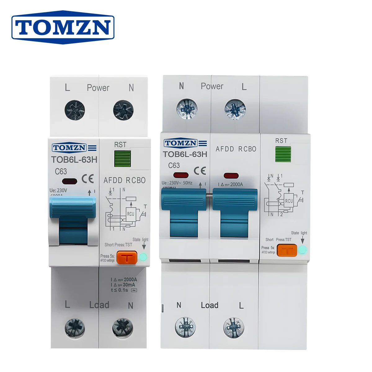 TOMZN AFDD RCBO 2P AC230V 63A C Curve AC Type 35MM DIN Rail Short-circuit Overload Fault Arc Protection 6kA Circuit Breaker MCB