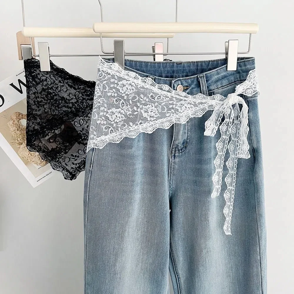 Falda en capas de encaje Floral coreano con cordones Y2K ropa de calle bufanda triangular de encaje delantal falda envolvente