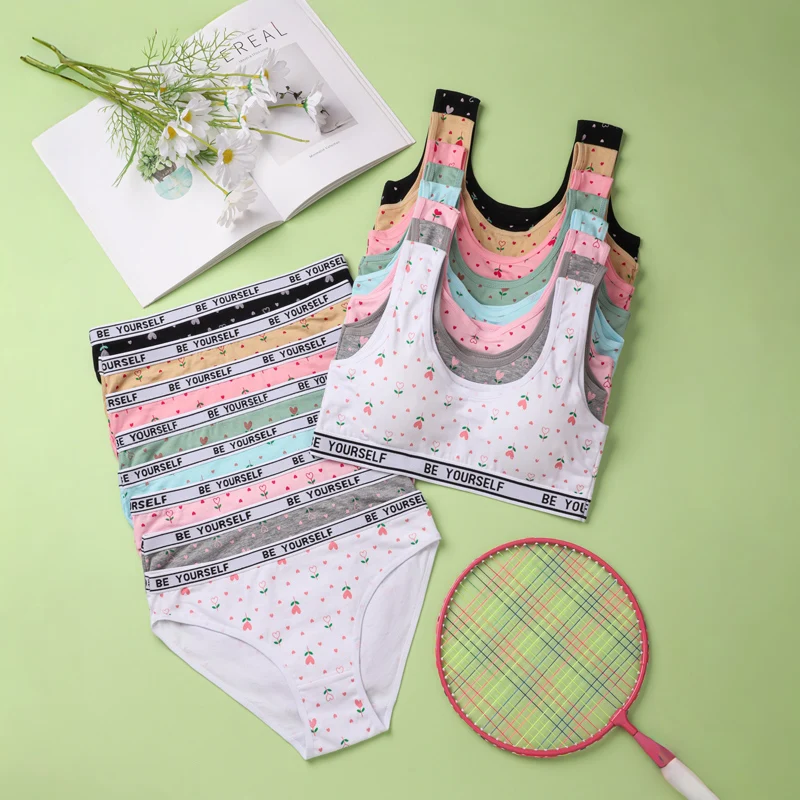 VITALINOVO Girls Cami Bra and Brief Underwear Set Scoop Neck Padded Cotton Training Bra Matching Elastic Waistband Panties Sets