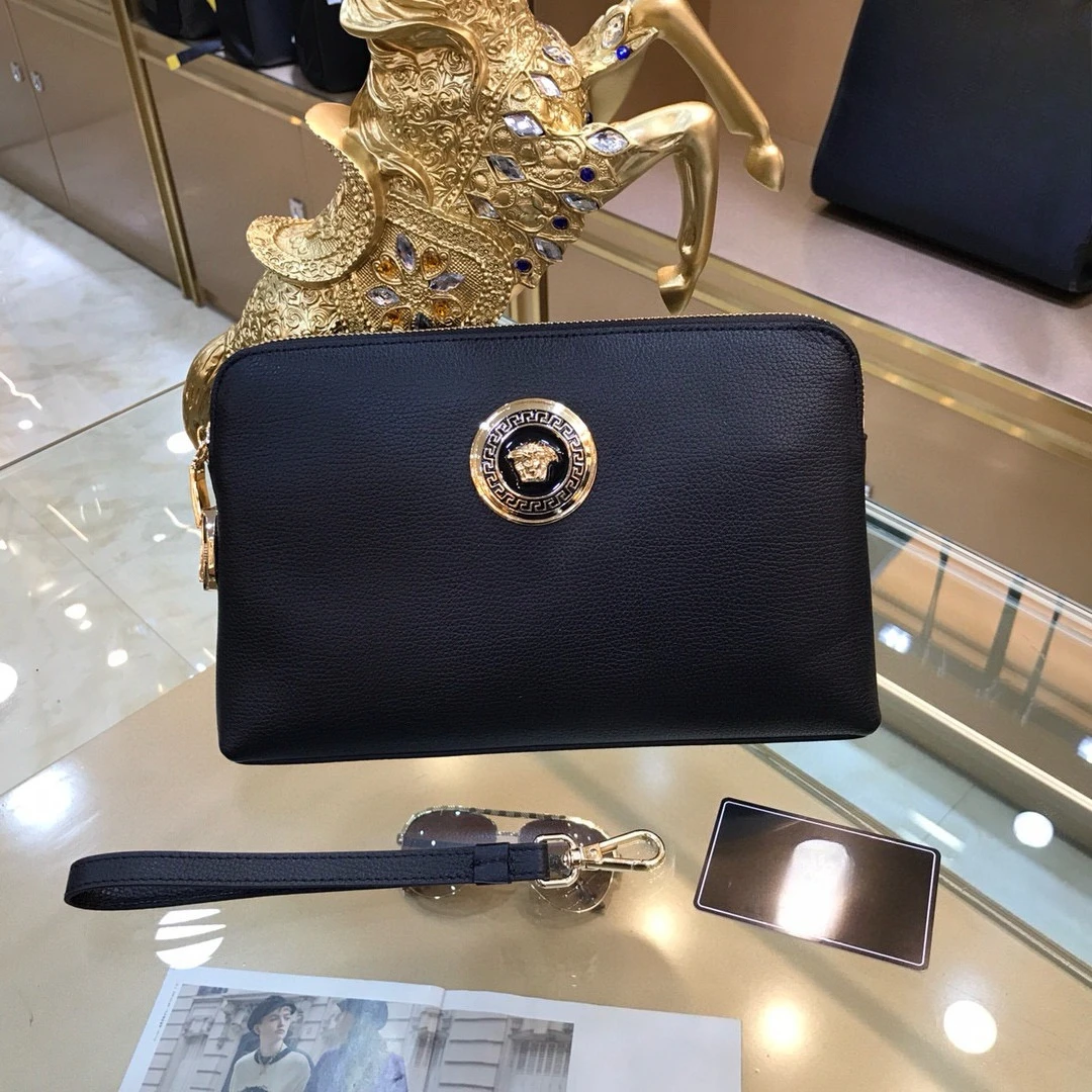 

Fashion Mens Leather Clutch Bag Black Gold Zipper Wristlet Pouch Luxury Designer Handbag