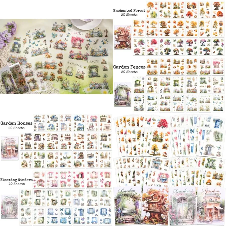 

Scenery Sticker Set 490+ Pieces 80 Sheets 4 Pack Sticker Books Featuring Blooming Windows Garden Houses Enchanted Forest Garden