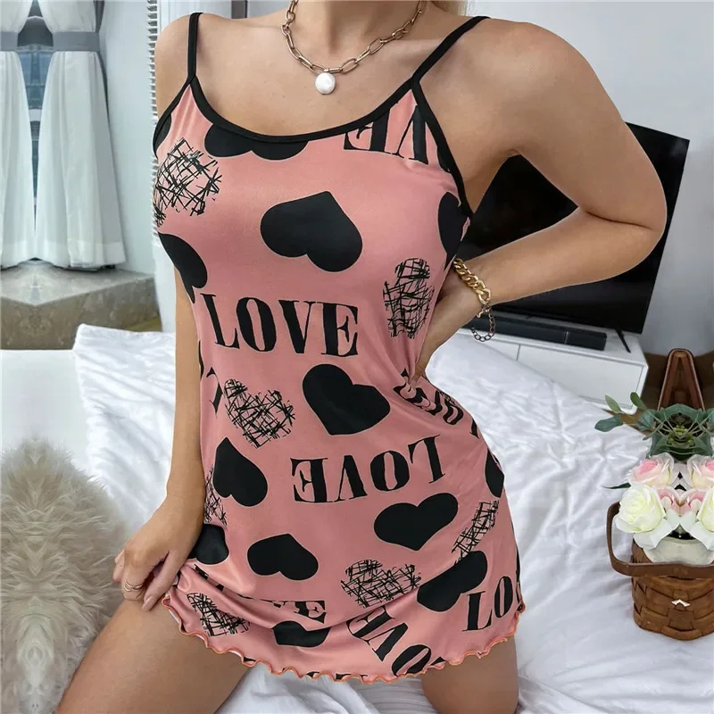 Sexy Spaghetti Strap V-Neck Nightdress Women Nightie Summer Loose Cotton Nightgown Female Cute Print Sleep Dress Light Sleepwear