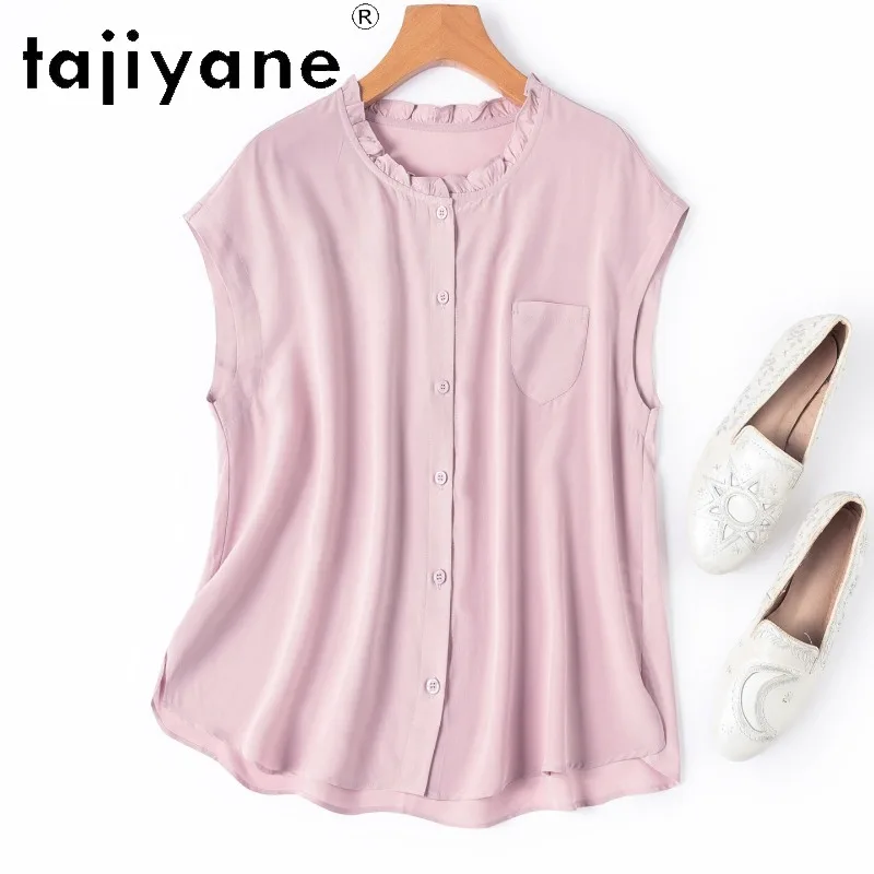 TAJIYANE 100% Mulberry Silk Women T Shirts Ruffle‑Collar Blouse Loose Tee Shirt Femme Summer Tops for Woman Clothing 2026 반팔