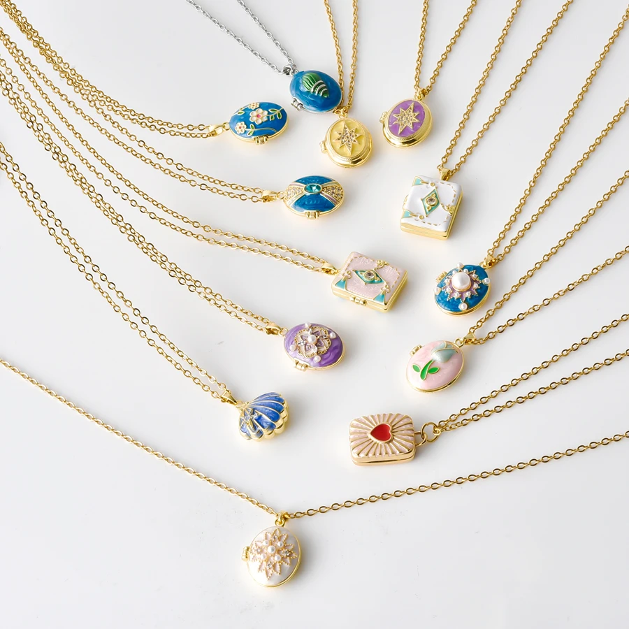 Colorful Enamel Locket Necklace For Women Assorted Openable Photo Box Pendant Shell Heart Oval Memory Keepsake Fashion Jewelry
