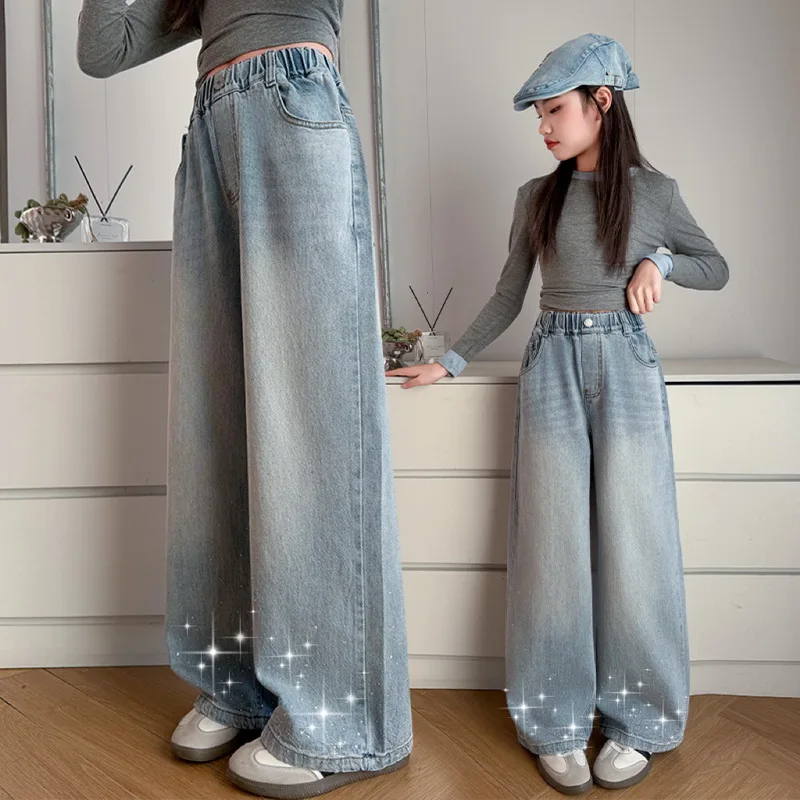 2026 New Kids Girls Wide-Leg Jeans Fashion Rhinestone Sequin Elastic Waistband Pants Denim Trousers Casual Children Base Bottoms