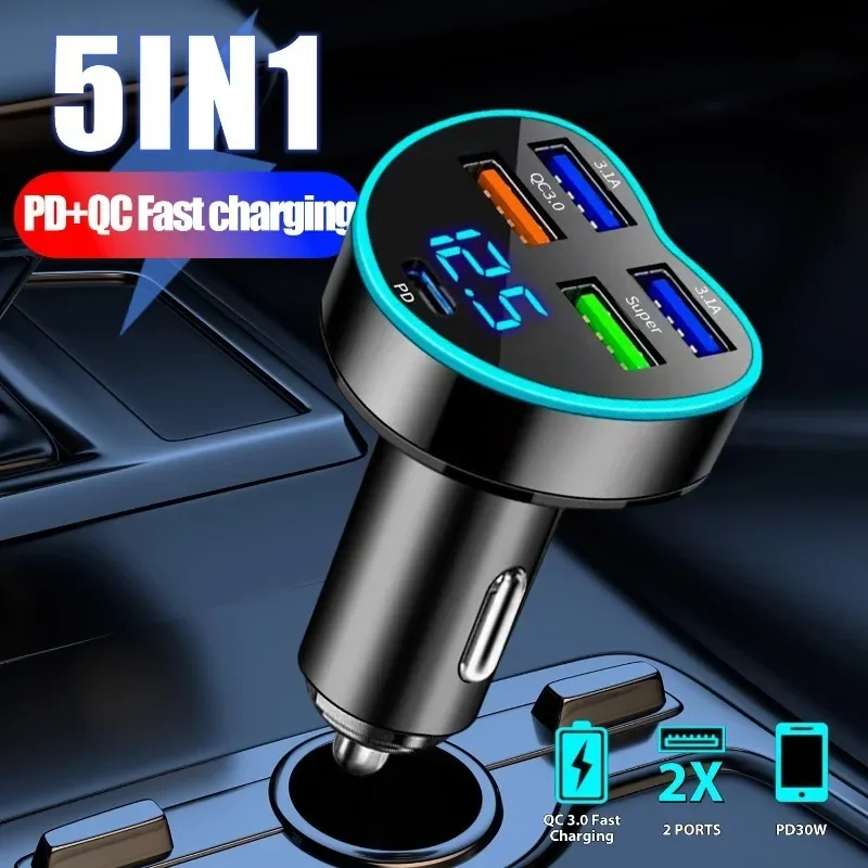 5In1 Heart Shape Digital Display Car Charger PD+4USB Super Fast Charging Phone Adapter Socket Cigarette Lighter Auto Accessories