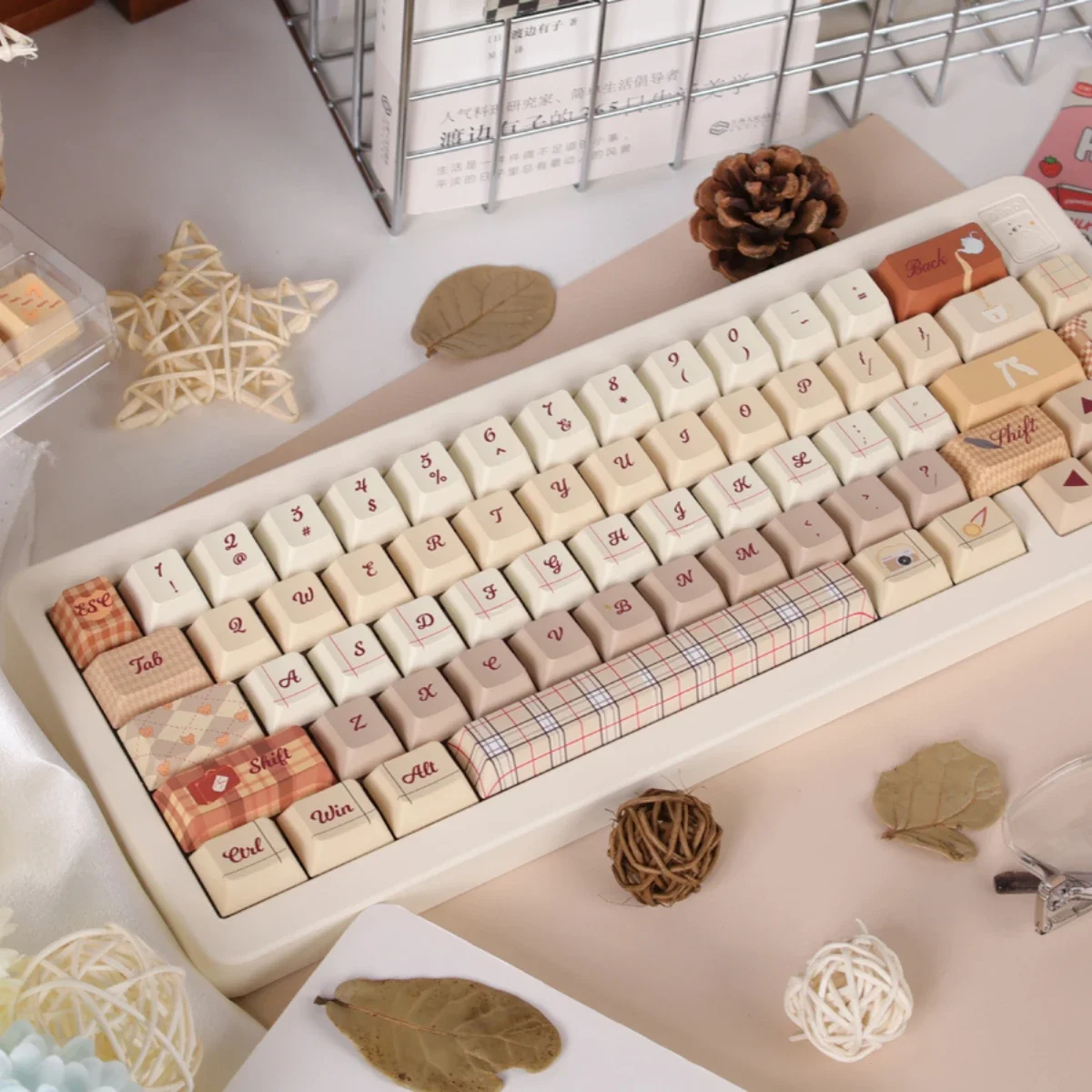 Autumn British Keycap Cherry Profile PBT Thermal Sublimation Light Retro Khaki Checkered Keycaps for 68/75/84/87/Alice Layout