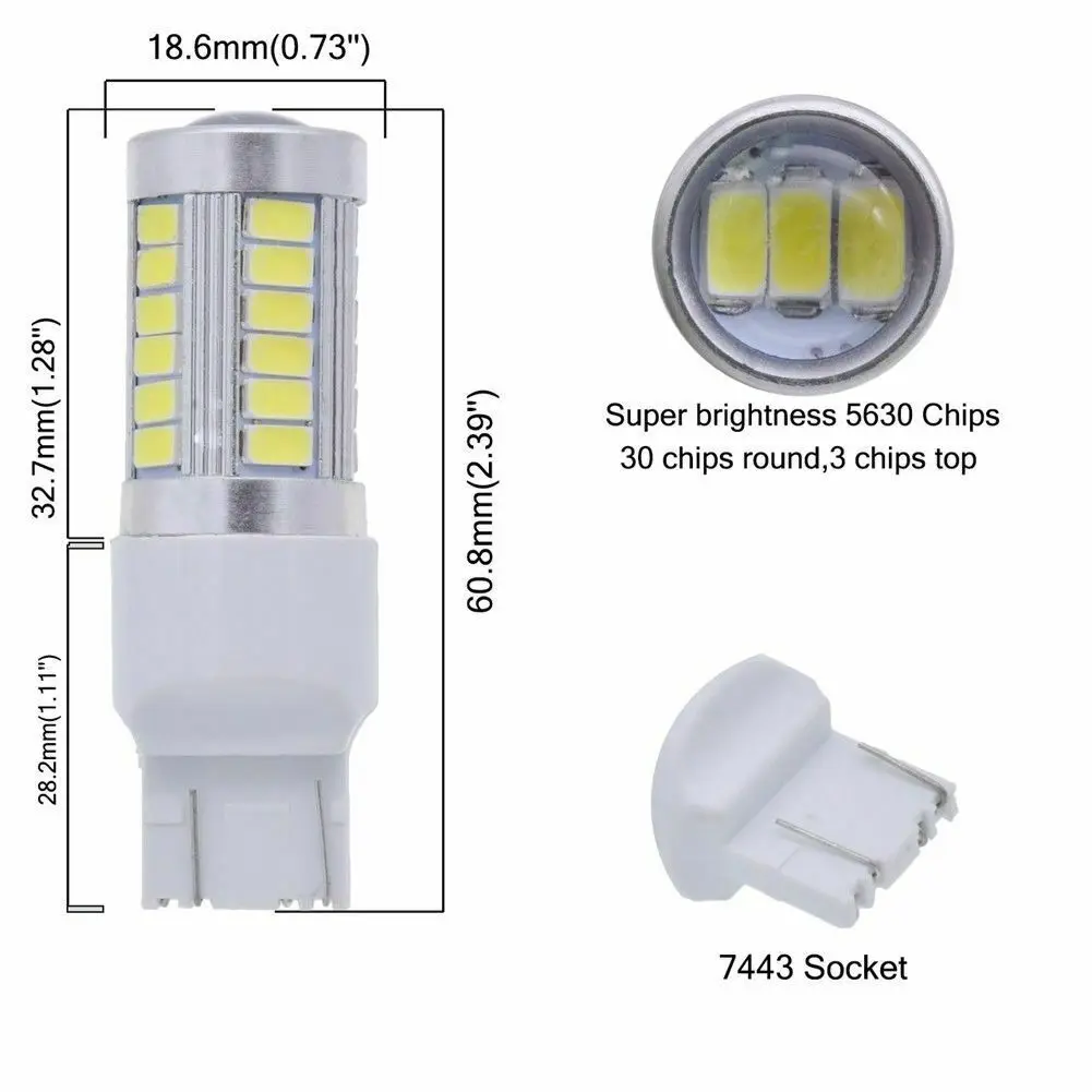 2X T20 7443 582 W21W BRIGHT WHITE 33 LED SMD REVERSE DRL LIGHT BULBS 6000K WEDGE 7443 BASE