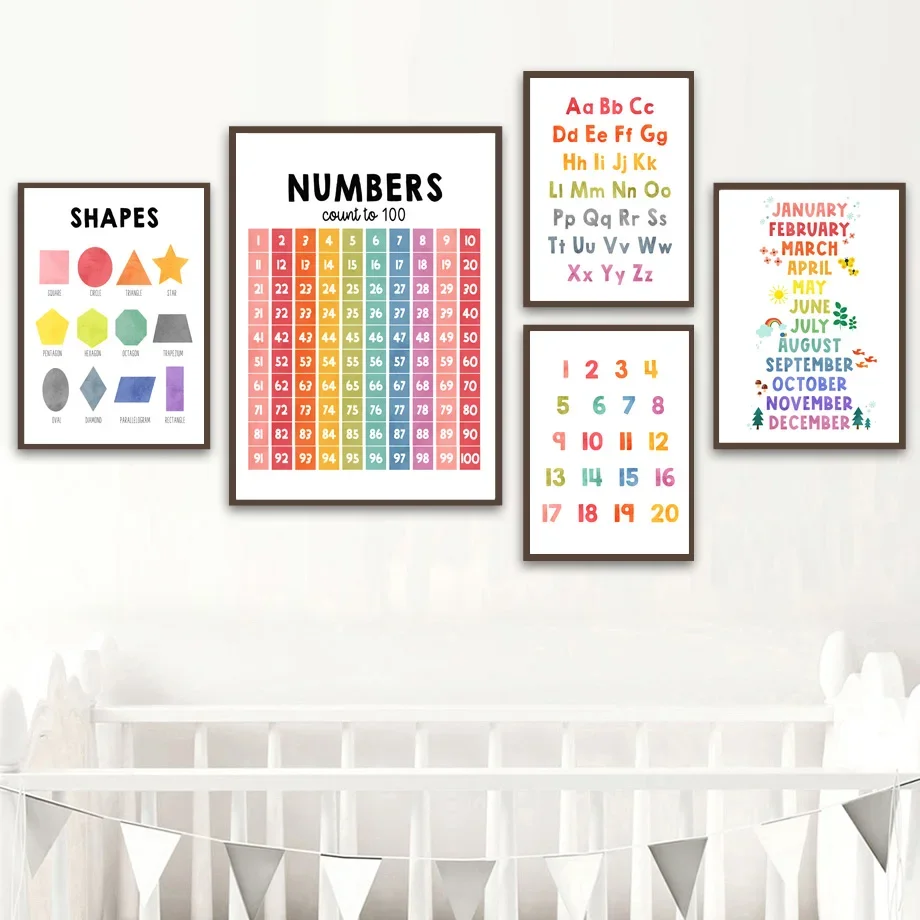 Creative Cartoon Teach Color Number Year Month Shapes Wall Art Canvas Painting Nordic Posters And Prints Wall Pictures Kids Room