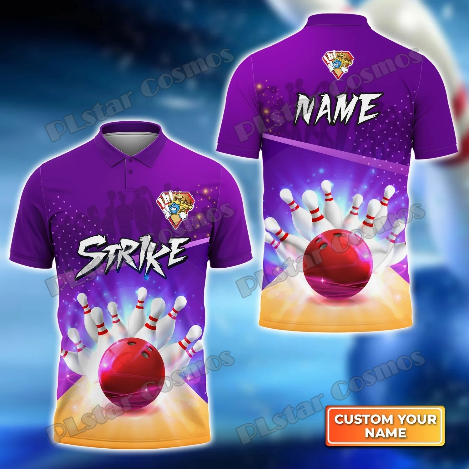 Blue Bowling Ball And Pins On Fire Pattern Custom Name 3D Printed Men's Polo Shirt Summer Street Unisex Casual Polo shirt WK114