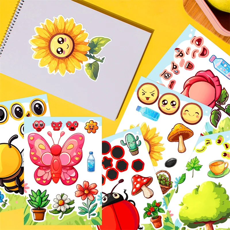 Autocollants de puzzle de dessin animé pour enfants, bricolage, plantes, fleurs, insectes, papillon, visage fait à la main, artisanat, cadeaux pour garçons et filles