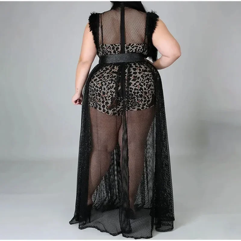 Women Plus Size Sexy Black Sheer Mesh Night Club Dress 4XL Summer Leopard Lining Transparent Party White French Maxi Dresses