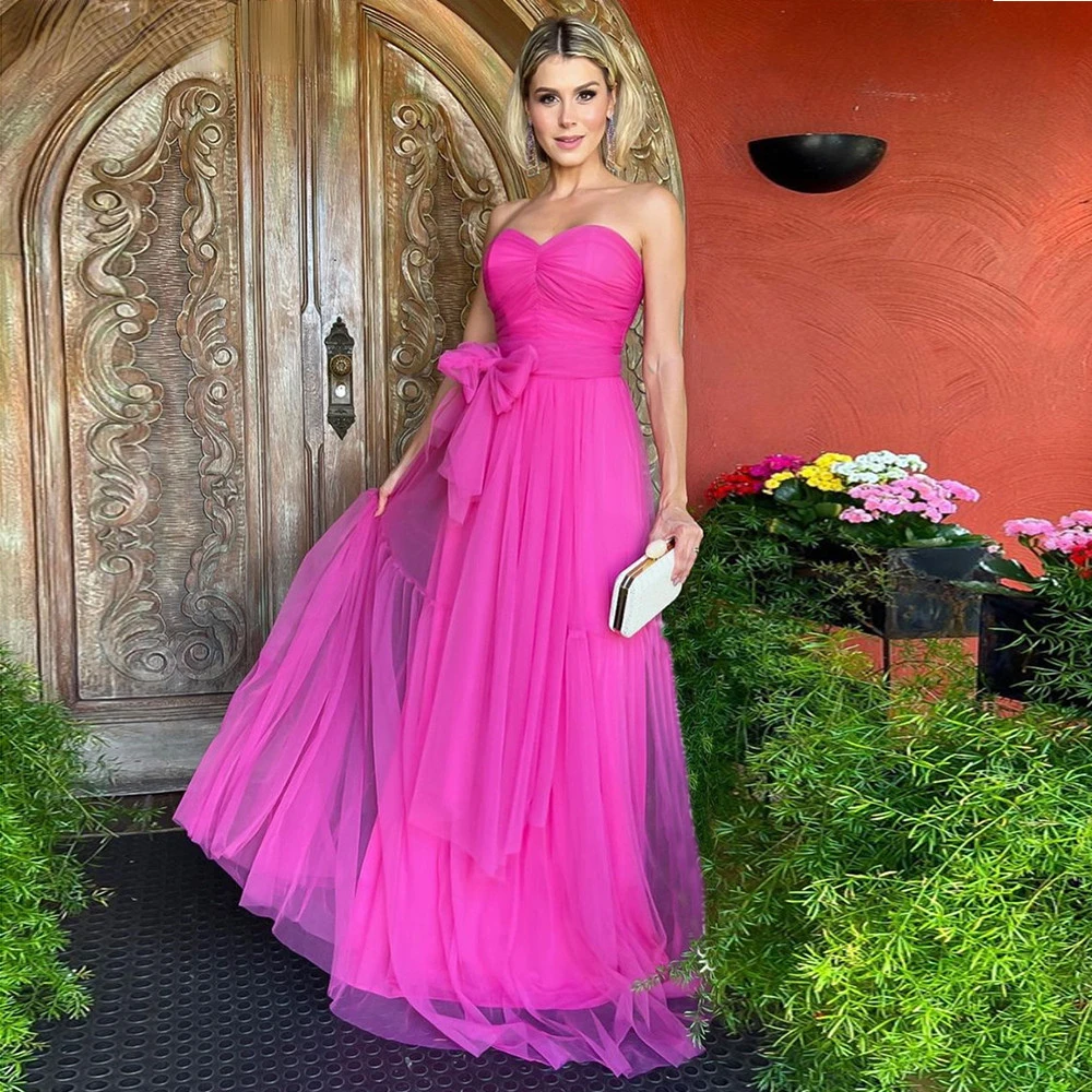 

Fuchsia Tiered Tulle Long Prom Dresses Pleats Bow Evening Party Gowns Formal Evening Dress Princess Wedding Party Gown