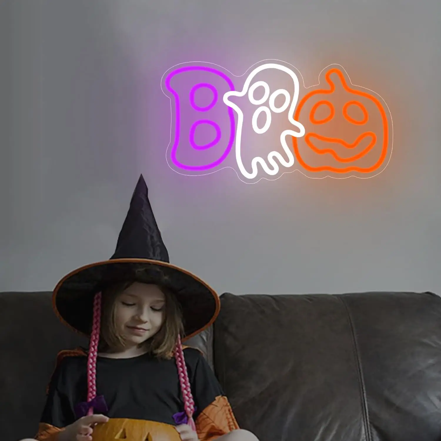 Boo Ghost Pumpkin Neon Sign USB Dimmable LED Lights For Halloween Themed Bedroom Game Room Man Cave Wall Hanging Art Decor Gift