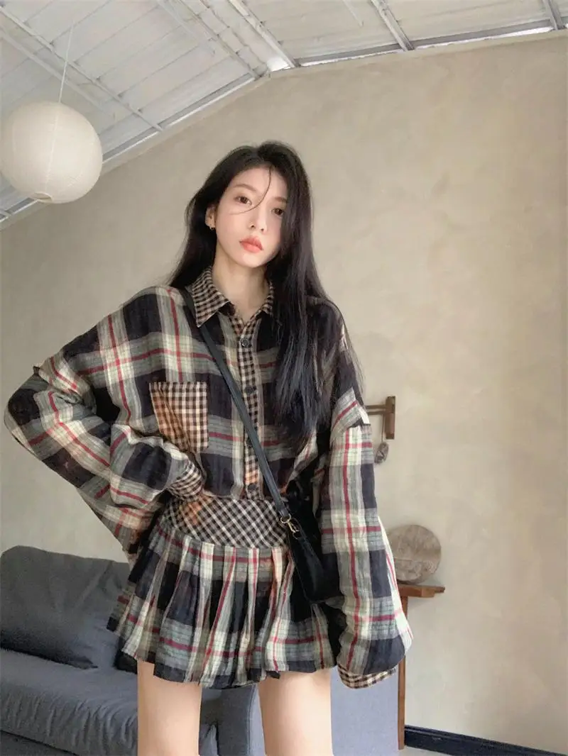 Kumikumi Sweet Cool Style Set Loose Retro Checkered Shirt Women's Autumn Hundred Fold Half Skirt Short Skirt Two Piece Set