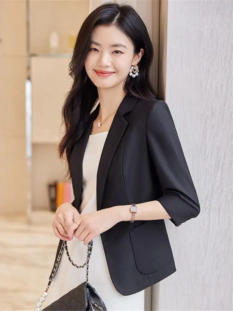 

Bla ort Suit Jaet Women's Casual Thin Sve Upper Body Small Size High-End Feelings Chinese Sle Single Button Coat