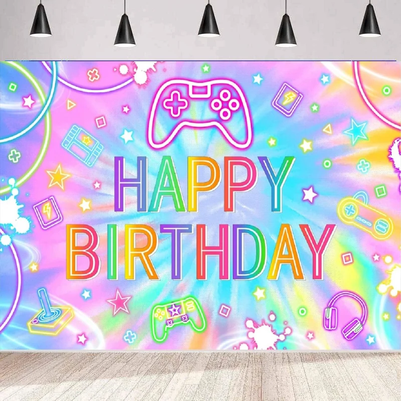 

Neon Video Game Happy Birthday Photography Backdrop Tie Dye Game On Background Home Party Backdrop Wall Banner Decor Poster