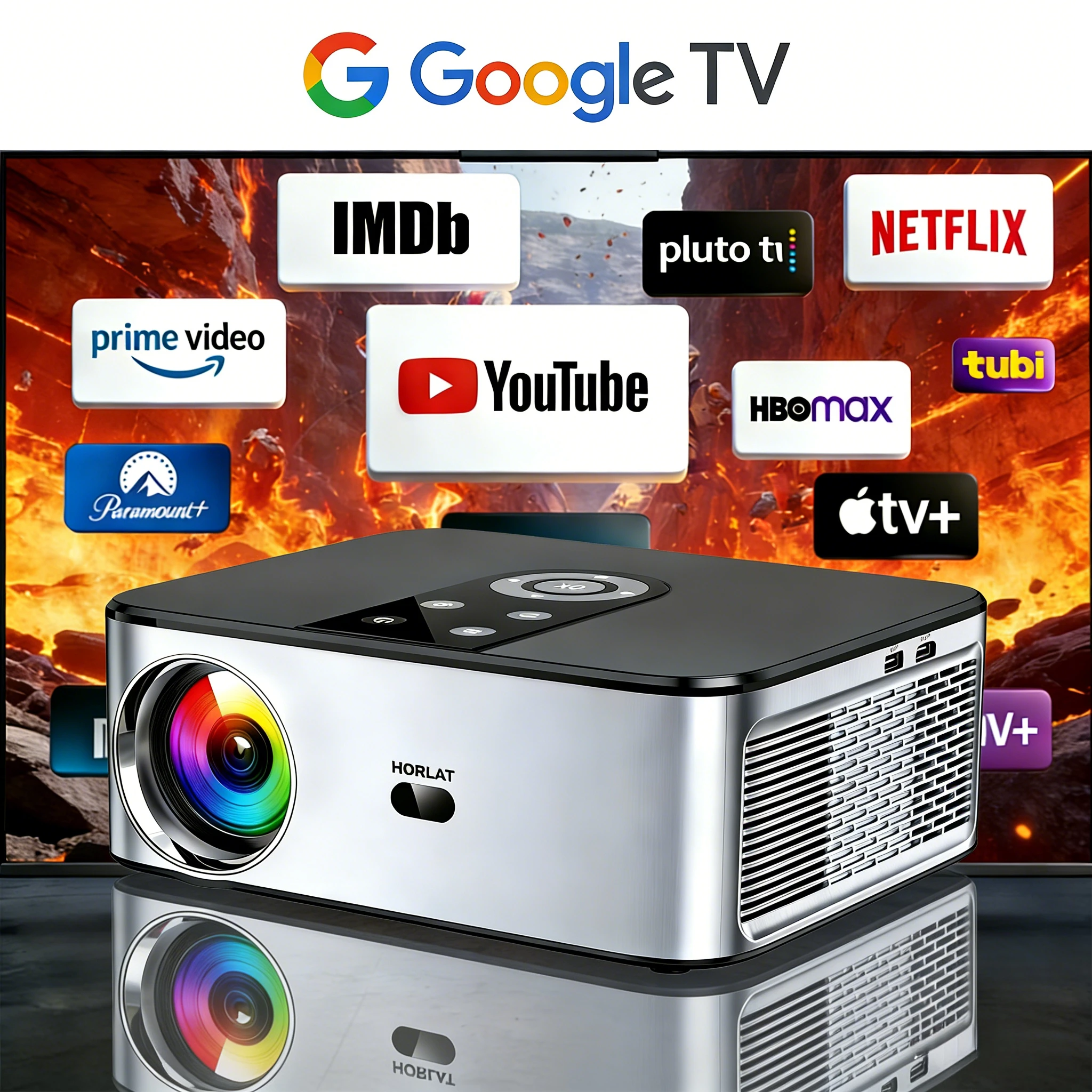 HORLAT 40000 Lumen 4K Google TV LED-Projektor 3D Kino Full HD 1080P Video Heimkino Auto-Keystone 5G WLAN Tragbarer Projektor