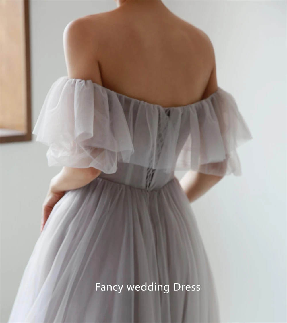 Fancy Korea Square Neck Wedding Dress Photo Shoot Short Sleeve Bridal Gown Soft Tulle Bridesmaid Dresses customized