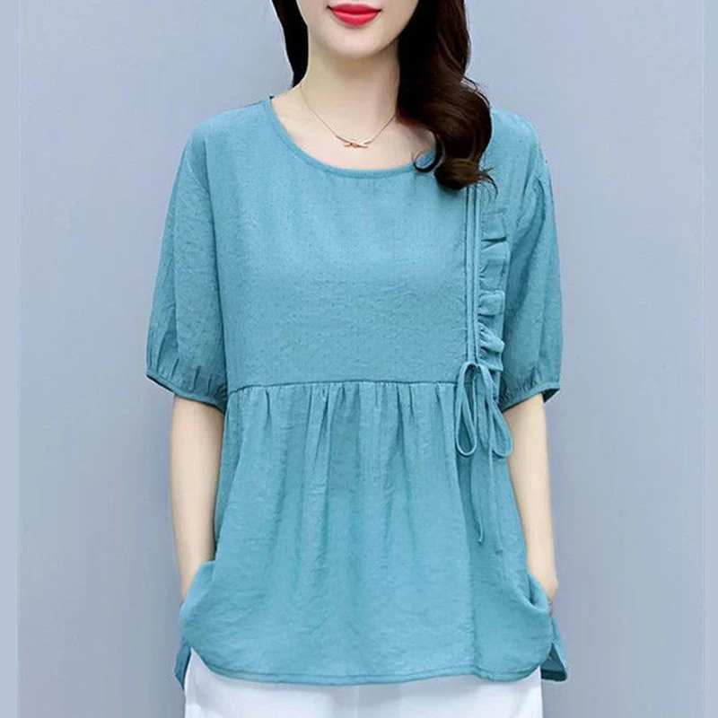 Women\'s Clothing 2023 Summer Korean Ruffles Lace Up Elegant Blouse Casual Round Neck Short Sleeve Shirt Solid Loose Tops Blusas