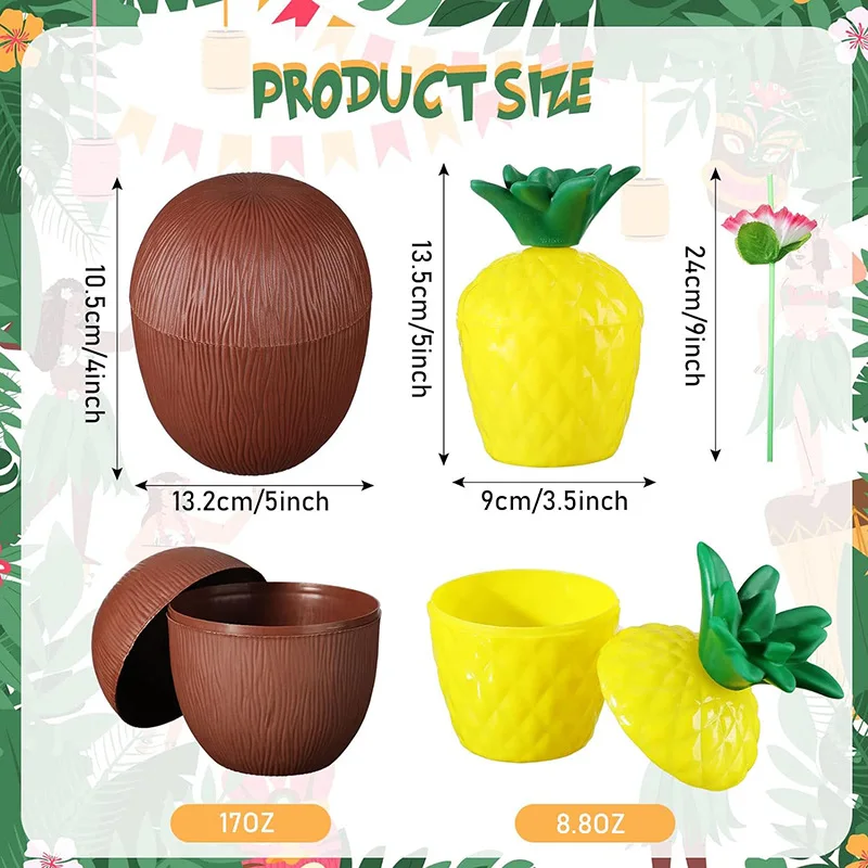 Reusable Pineapple Coconut Juice Cups PP Hawaiian Theme for 