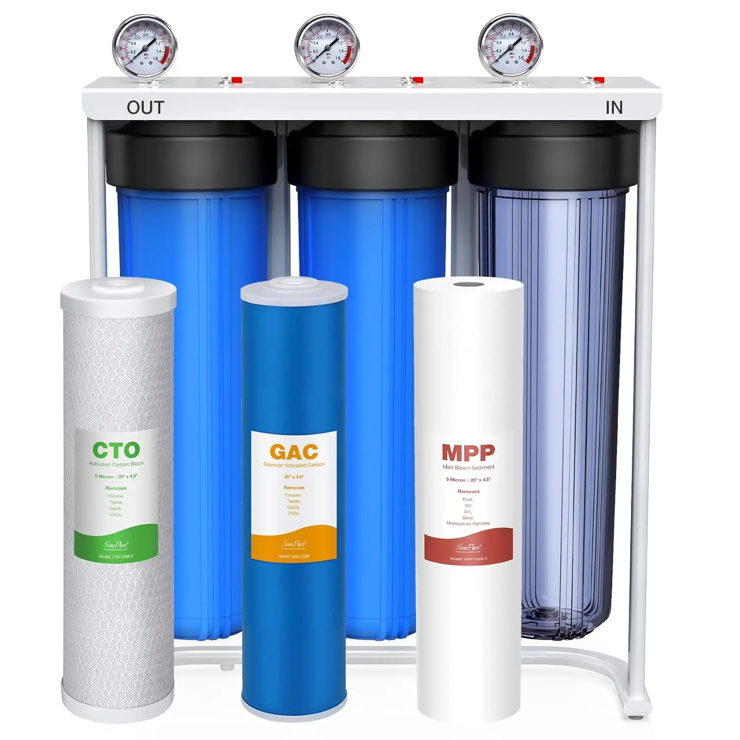 Whole House Water Filter System 3-Stage Clear Home Water Filtration with Sediment Carbon and GAC Filters Reduce Odor Chlorine