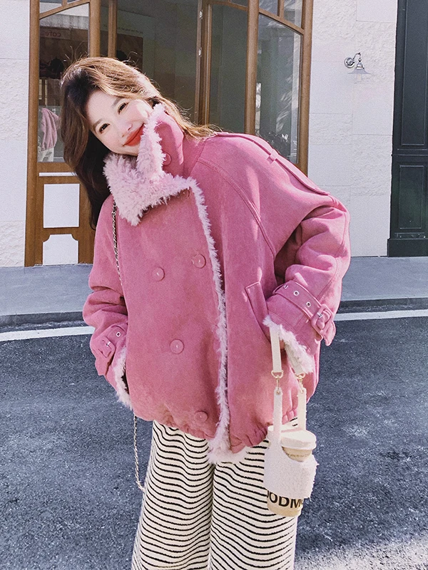 

Pink Lamb Fur Jaet Women's ort Sle Warmthly Fce Inner One-Piece Autumn Winter New 2025 ular Thiened Top