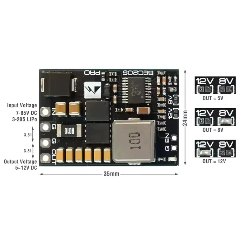 Matek BEC20S‑PRO BEC Module 7‑85V 5.2V/8V/12V 5A Continuous 9A Peak 3‑20S LiPo Step‑Down Power Supply For FPV RC Drone Airplane