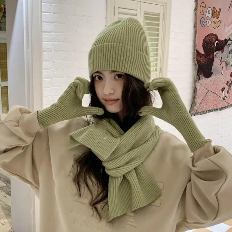 Simple Design Solid Color Knitted Cap Scarf Gloves Set Soft Winter Accessories Knitwear Set for Adult Teens Daily Outfit Y08E
