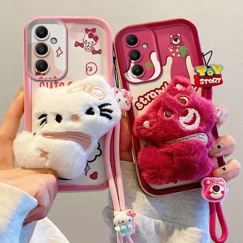 3D Plush Doll Hello Kitty Fur Phone Case for Samsung Galaxy A22 A22S A23 A24 A25 A32 A34 A35 5G Cartoon With Toy Strap Cover