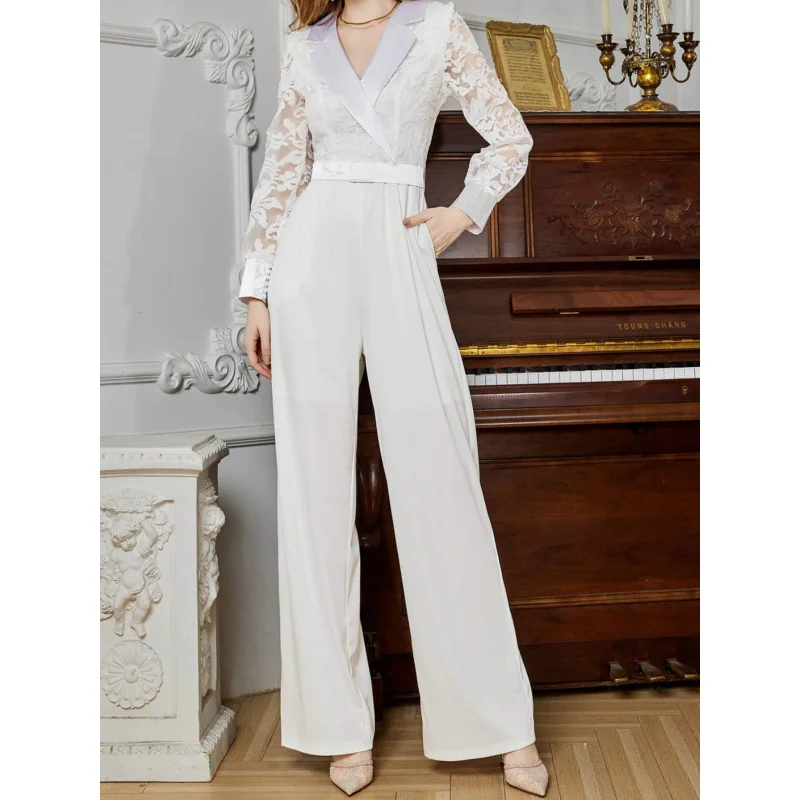 European and American New Women's Clothing Belted Long Sleeve Lace Chiffon Wide Leg Pants Banquet Jumpsuit