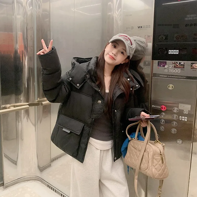 女性用ルーズコットンジャケットコート学生用冬用ピュアカラーフード付きダウンプルーフジッパー開閉式またはスレポリエステル繊維