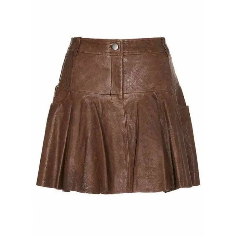 Women Genuine Lambskin Leather Skirt Handmade Brown Outdoor Stylish