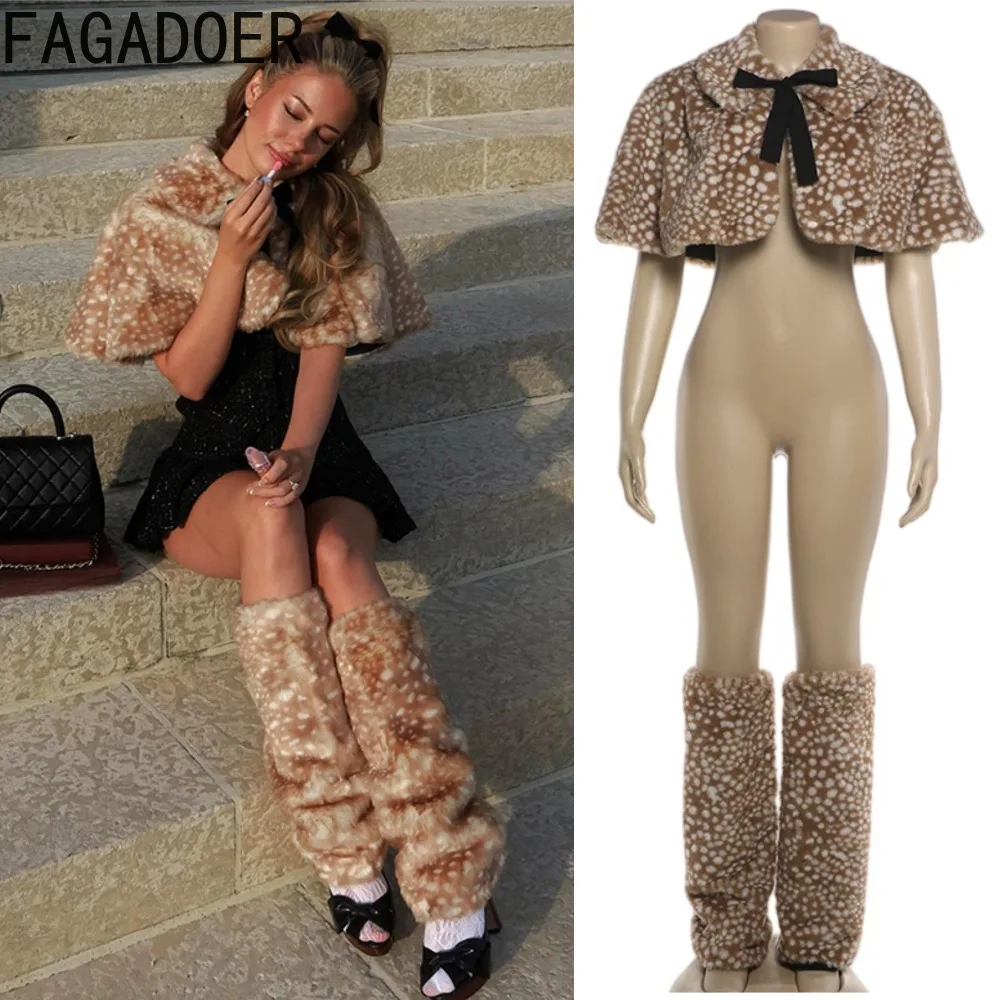 FAGADOER Womens Y2K Faux Fur Patchwork Shawl and Leg Warmers Set Short Plush Cape Tie Front Shoulder Wrap Winter Party Outfit